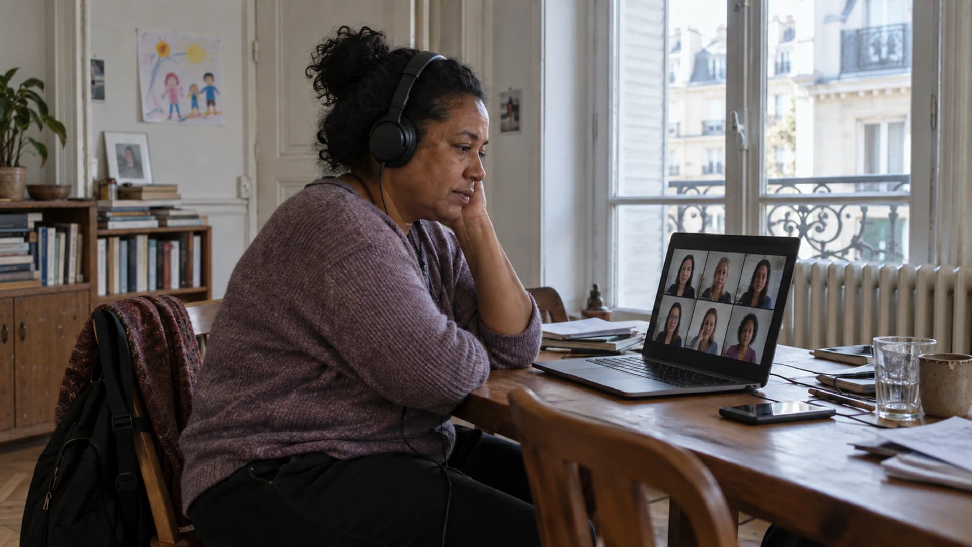 Une femme en séance de groupe en téléconsultation, casque sur les oreilles, dans un grand appartement lumineux.