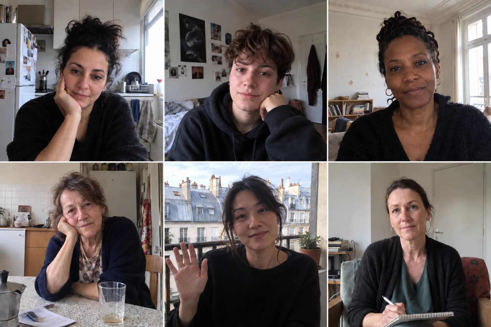 Six femmes en téléconsultation de groupe, chacune chez elle en plein jour, visages détendus, l'une salue de la main.