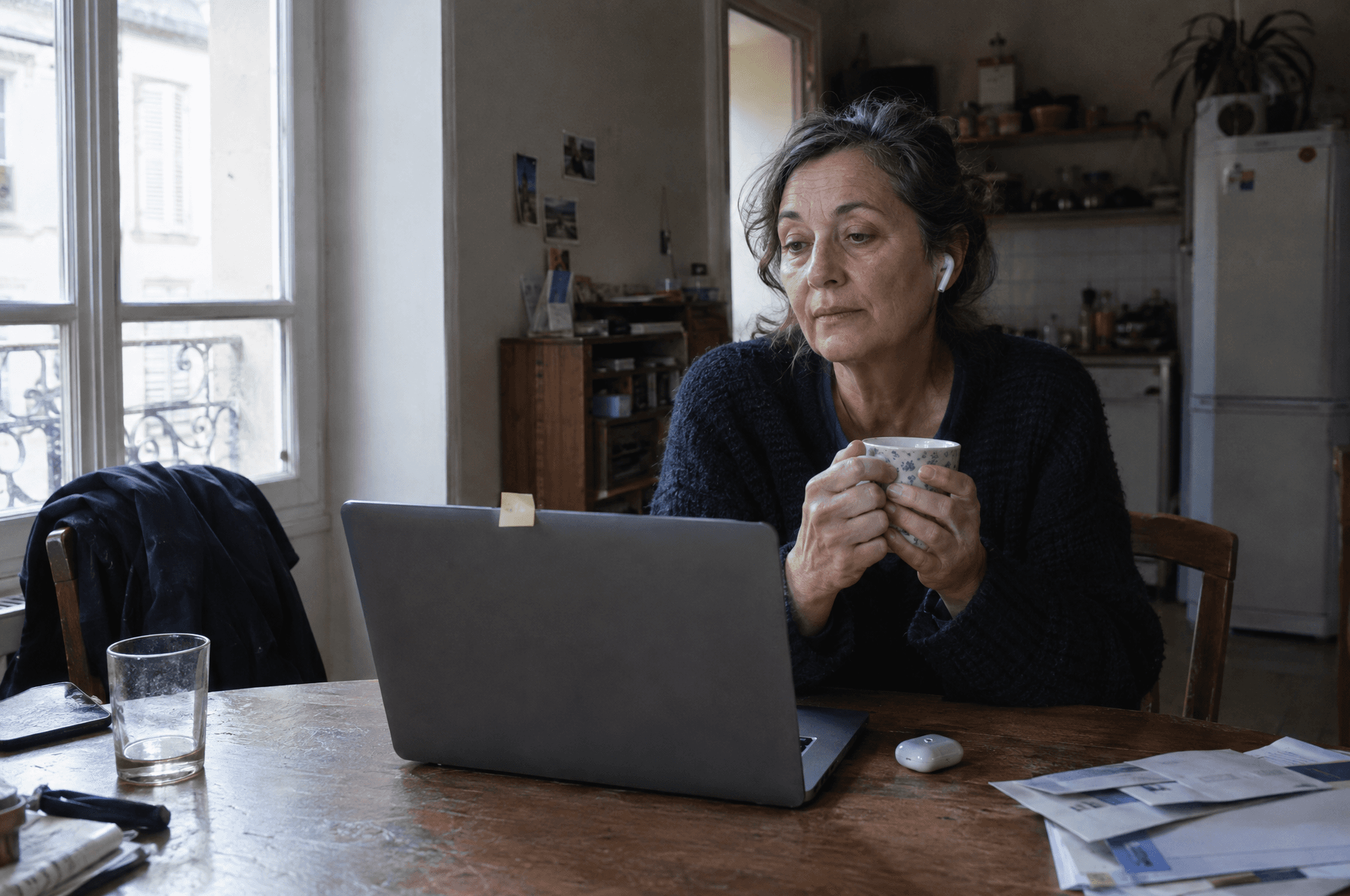 Une femme qui écoute à sa table de cuisine, une tasse entre les mains, devant un ordinateur à la caméra masquée.